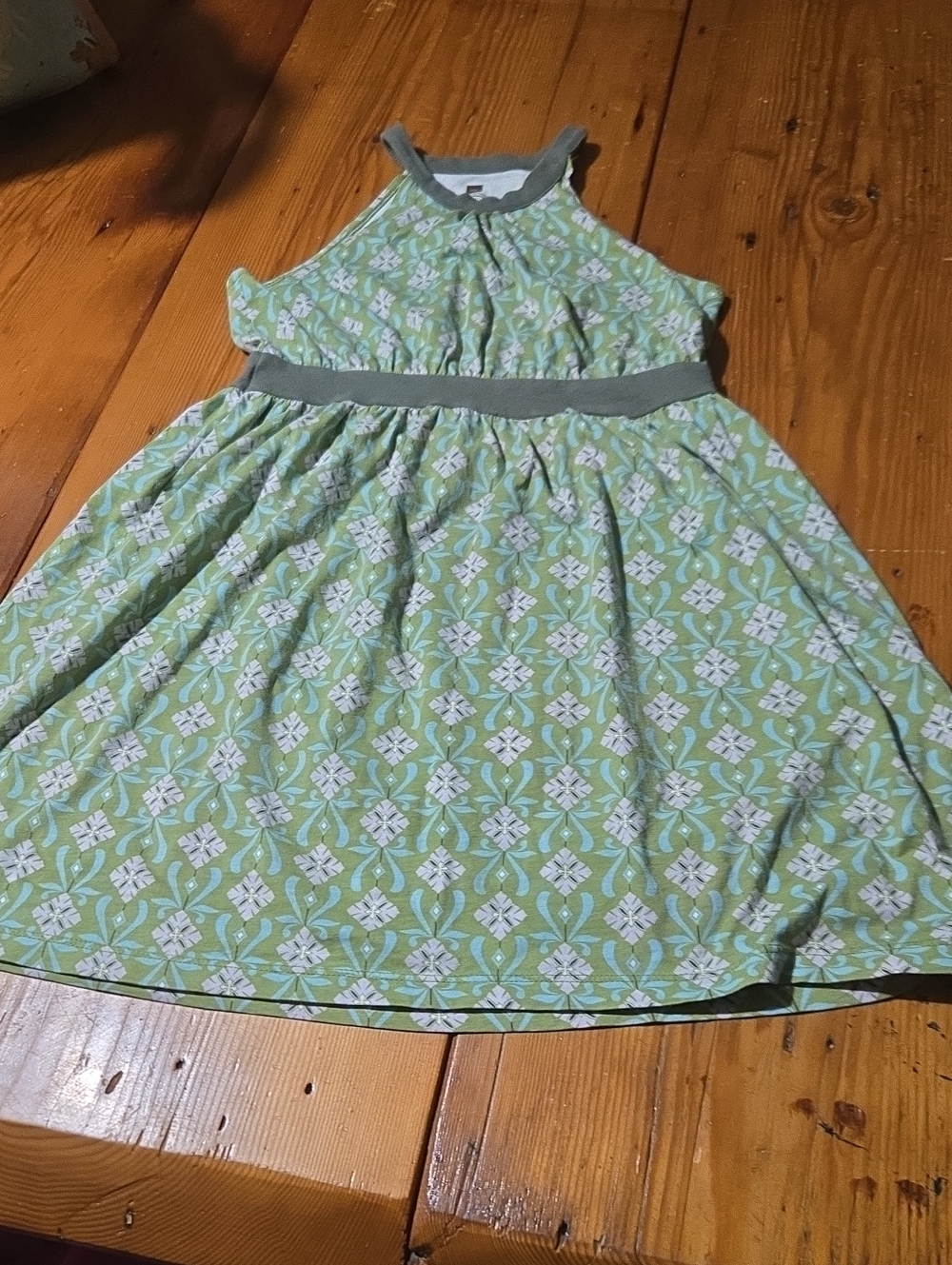 Tea Girls' Green Patterned Sleeveless Dress Sz 7